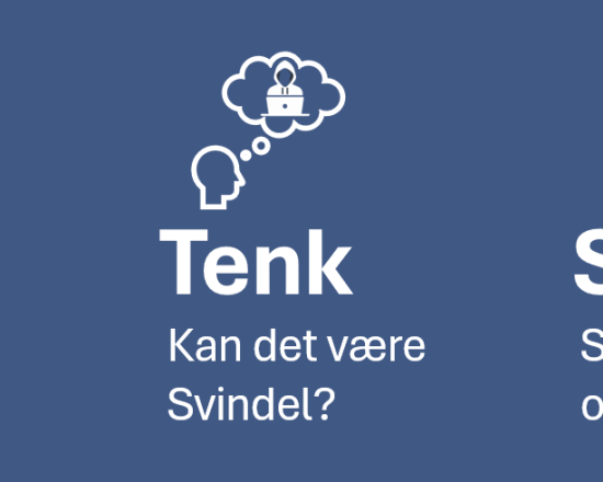 Illustrasjon med ikonene "Stopp", "Tenk" og "Sjekk" mot blå bakgrunn – råd mot digital svindel.