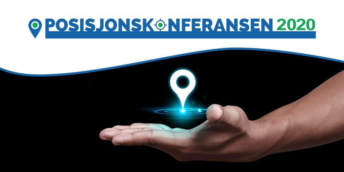 Hånd som holder en stedsmarkør under logoen til Posisjonskonferansen 2020