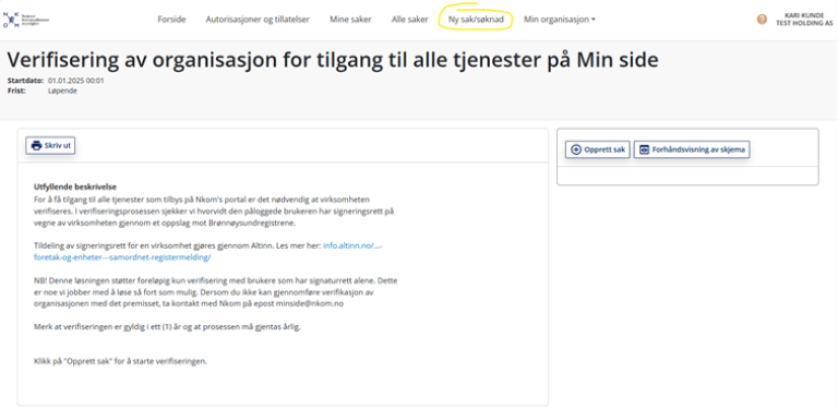 Verifisering av organisasjon for tilgang til alle tjenester på Min side