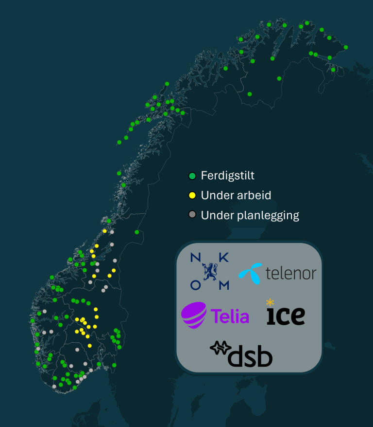 grafisk fremstilling med et kart som viser hvor det er forsterket ekom i dag, og hvor det er under arbeid eller planlegging